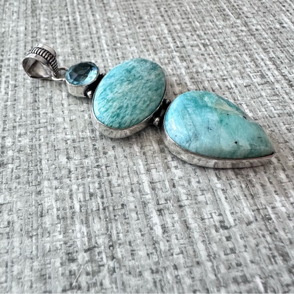 Pendant Amazoite And Aquamarine 3 Large Gemstones Stones Silver Tone Gift 3331 - Picture 3 of 7